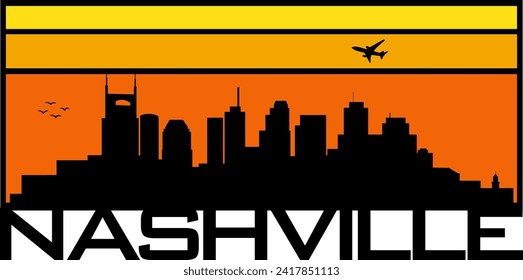 Retro style orange and yellow horizon rectangular horizontal graphic with Nashville Tennessee buildings black city skyline silhouette. Vector eps graphic design. 