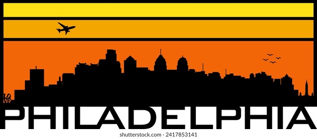 Retro-Stil orange und gelb Horizont rechteckige horizontale Grafik mit Philadelphia Pennsylvania Gebäude schwarze Stadt Skyline Silhouette. Vektorgrafik-Design. 