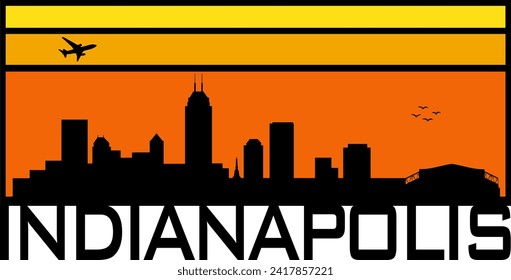 Retro style orange and yellow horizon rectangular horizontal graphic with Indianapolis Indiana buildings black city skyline silhouette. Vector eps graphic design. 