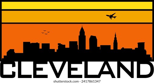 Gráfico horizontal rectangular de horizonte anaranjado y amarillo de estilo retro con Cleveland Ohio construye silueta de perfil urbano negro. Diseño gráfico de vectores. 