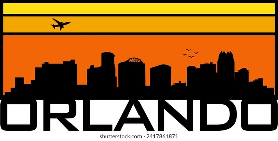 Gráfico horizontal rectangular de horizonte anaranjado y amarillo de estilo retro con la silueta de perfil urbano negro de los edificios de Orlando Florida. Diseño gráfico de vectores. 