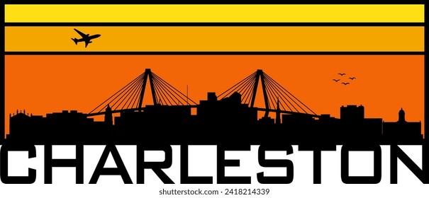 Gráfico horizontal rectangular de horizonte anaranjado y amarillo de estilo retro con Charleston South Carolina construye silueta de perfil urbano negro. Diseño gráfico de vectores. 