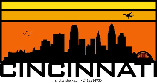 Retro style orange and yellow horizon rectangular horizontal graphic with Cincinnati Ohio buildings black city skyline silhouette. Vector eps graphic design. 