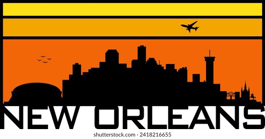 Retro-Stil orange und gelb Horizont rechteckige horizontale Grafik mit New Orleans Louisiana Gebäude schwarze Stadt Skyline Silhouette. Vektorgrafik-Design. 