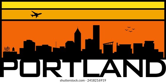 Retro style orange and yellow horizon rectangular horizontal graphic with Portland Oregon buildings black city skyline silhouette. Vector eps graphic design. 