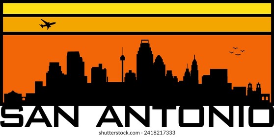 Gráfica horizontal rectangular de horizonte anaranjado y amarillo estilo retro con silueta de perfil de la ciudad negra de San Antonio Texas. Diseño gráfico de vectores. 