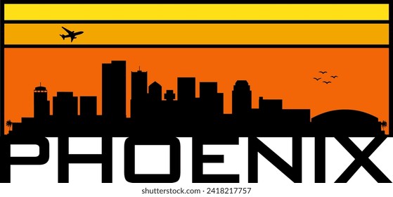 Retro style orange and yellow horizon rectangular horizontal graphic with Phoenix Arizona buildings black city skyline silhouette. Vector eps graphic design. 