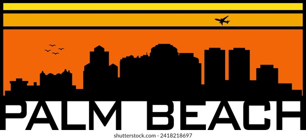 Retro style orange and yellow horizon rectangular horizontal graphic with Palm Beach Florida buildings black city skyline silhouette. Vector eps graphic design. 