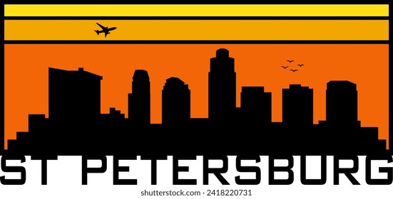 Retro-Stil orange und gelb Horizont rechteckige horizontale Grafik mit Saint Petersburg Florida Gebäude schwarze Stadt Skyline Silhouette. Vektorgrafik-Design. 