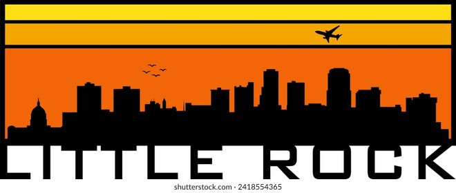 Retro style orange and yellow horizon rectangular horizontal graphic with Little Rock Arkansas buildings black city skyline silhouette. Vector eps graphic design. 