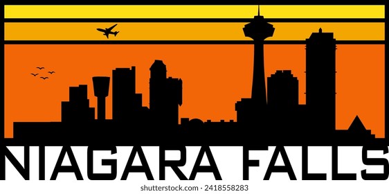 Retro style orange and yellow horizon rectangular horizontal graphic with Niagara Falls New York buildings black city skyline silhouette. Vector eps graphic design. 