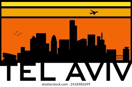 Retro style orange and yellow horizon rectangular horizontal graphic with Tel Aviv Israel buildings black city skyline silhouette. Vector eps graphic design. 