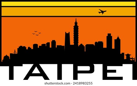 Retro-Stil orange und gelbe Horizont rechteckige horizontale Grafik mit Taipei Taiwan Gebäude schwarze Stadt Skyline Silhouette. Vektorgrafik-Design. 