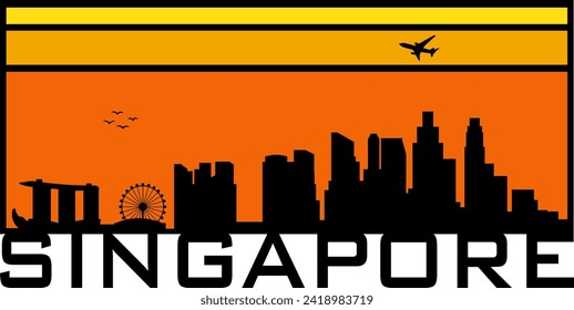 Retro style orange and yellow horizon rectangular horizontal graphic with Singapore buildings black city skyline silhouette. Vector eps graphic design. 