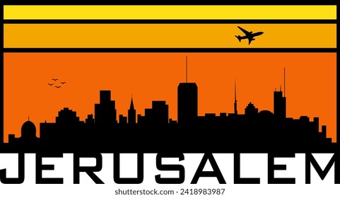 Retro style orange and yellow horizon rectangular horizontal graphic with Jerusalem Israel buildings black city skyline silhouette. Vector eps graphic design. 