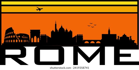 Retro style orange and yellow horizon rectangular horizontal graphic with Rome Italy buildings black city skyline silhouette. Vector eps graphic design. 