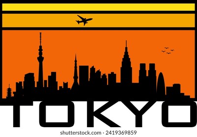 Gráfico horizontal rectangular de horizonte anaranjado y amarillo de estilo retro con silueta de perfil urbano negro de los edificios japoneses de Tokio. Diseño gráfico de vectores. 