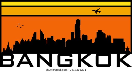 Gráfico horizontal rectangular de horizonte anaranjado y amarillo de estilo retro con silueta en el horizonte de la ciudad negra de los edificios de Bangkok Tailandia. Diseño gráfico de vectores. 