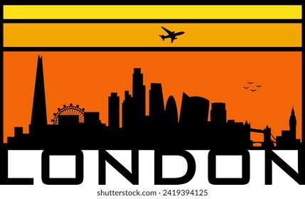 Gráfica horizontal rectangular de horizonte anaranjado y amarillo estilo retro con la silueta de perfil urbano negro de los edificios de Londres Inglaterra. Diseño gráfico de vectores. 