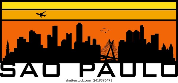 Gráfico horizontal rectangular de horizonte anaranjado y amarillo estilo retro con la silueta de perfil urbano negro de Sao Paulo Brasil. Diseño gráfico de vectores. 