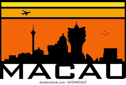 Retro style orange and yellow horizon rectangular horizontal graphic with Macau China buildings black city skyline silhouette. Vector eps graphic design. 