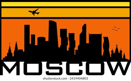 Retro style orange and yellow horizon rectangular horizontal graphic with Moscow Russia buildings black city skyline silhouette. Vector eps graphic design. 