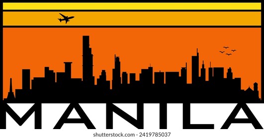 Retro style orange and yellow horizon rectangular horizontal graphic with Manila Philippines buildings black city skyline silhouette. Vector eps graphic design. 