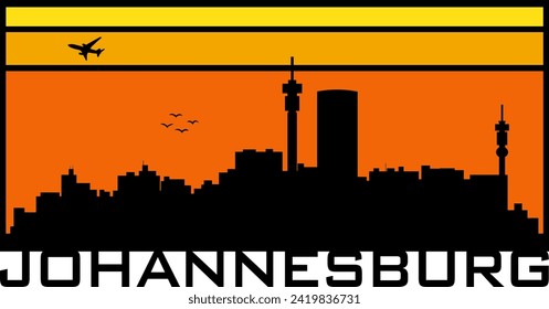 Retro style orange and yellow horizon rectangular horizontal graphic with Johannesburg South Africa buildings black city skyline silhouette. Vector eps graphic design. 