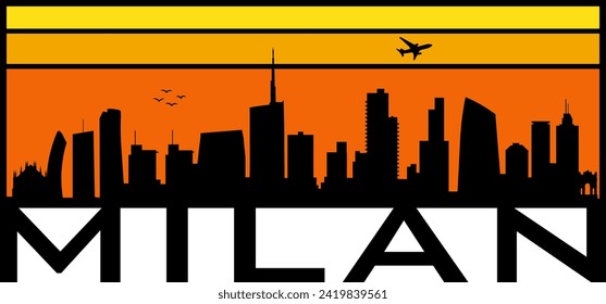 Retro style orange and yellow horizon rectangular horizontal graphic with Milan Italy buildings black city skyline silhouette. Vector eps graphic design. 