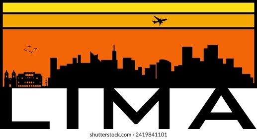 Retro-Stil orange und gelb Horizont rechteckige horizontale Grafik mit Lima Peru Gebäude schwarze Stadt Skyline Silhouette. Vektorgrafik-Design. 