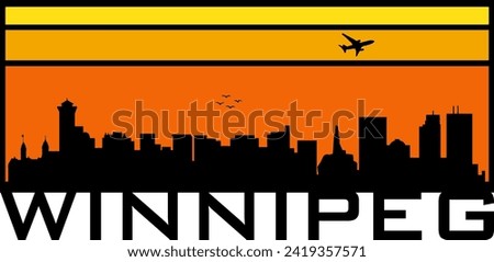 Retro style orange and yellow horizon rectangular horizontal graphic with Winnipeg Canada buildings black city skyline silhouette. Vector eps graphic design. 