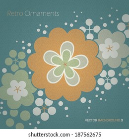 Retro style ornamental flower pattern close-up background in turquoise light green and ocher colors