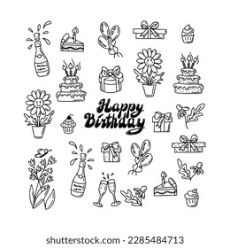 Retro style outline happy birthday elements set. Vector hand drawn isolated collection of elements for birthday party decoration, can be used for kids coloring pages.