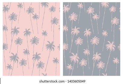 Retro Style Palm Trees Seamless Vector Pattern. Pale Pink and Gray Tropical Design for Textile, Card, Wrapping Paper, Aloha Party Decoration. Pink Hand Drawn Palms Isolated on a Gray Background. 