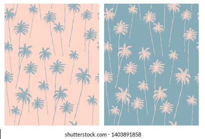 Patrón vectorial de Palmeras de Estilo Retro. Diseño tropical rosa pálido y azul para textiles, tarjetas, papel de envuelto, decoración de la fiesta Aloha. Palmas de mano rosada aisladas en un fondo azul pálido. 