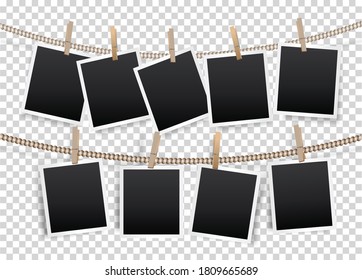 Retro Style Paper Photo Frames Hanging by Clips on Rope, Transparent Background.