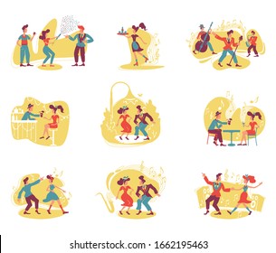 Retro style party 2D vector web banner, poster. Old fashioned entertainment for adults. Vintage women and men dancing flat characters on cartoon background. Printable patches, colorful web elements