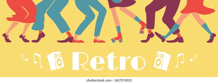 Vektorillustration-Vorlage für Retro-Style-Party-Banner. In den 1950er Jahren wurde das Design horizontaler Poster-Wortkonzepte disco. Cartoon-Illustrationen mit Typografie und Rock-n-Roll-Tancer-Beine auf Vintage-gelbem Hintergrund