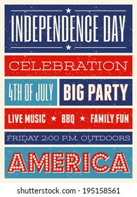 Retro style party flyer for the American Independence Day in red, blue and white.