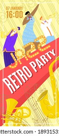Retro style party jazz, 07 january daytime music performance, artist woman and man play trumpet flat vector illustration, isolated on white. Invitational poster card, musical concert.
