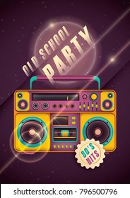 Retro style party poster design, with boombox in intense colors, light effects and text. Youthful background. Vector illustration.