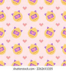 Retro style pattern. 90s fashion. Tamagotchi, electronic pet of the 90s