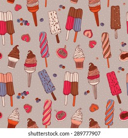 Retro style pattern with different kinds of ice cream.