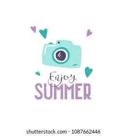 A retro style photo camera surrounded by hearts. Flat vector illustration on white background with the text "Enjoy summer". Icon of digital or analog camera with hand-drawn lettering. Summer poster