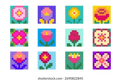 Estilo retro pixel art flores conjunto isolado no fundo branco. Ilustração vetorial de ícones florais de 8 bits para design de jogos de arcade, gráficos de computador antigos, ornamento bonito da natureza pixelada, formas simples
