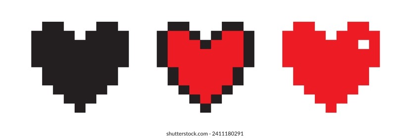 Retro style pixel heart icon collection. Red and black vintage 8 bit love symbol set