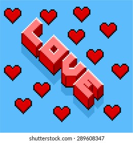 Retro style Pixel-art logo of Love title with hearts around. Isometric.