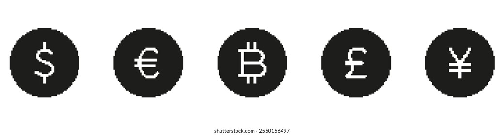Retro Style Pixelated Currency Glyph Symbols Collection. Pixel Art Dollar, Euro, and Bitcoin Icons Silhouette Set. Isolated Vector Illustration.