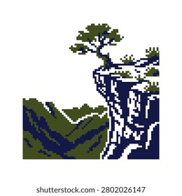 A retro style pixelated illustration of a green tree standing on a rocky precipice overlooking a deep valley with rolling hills and mountains