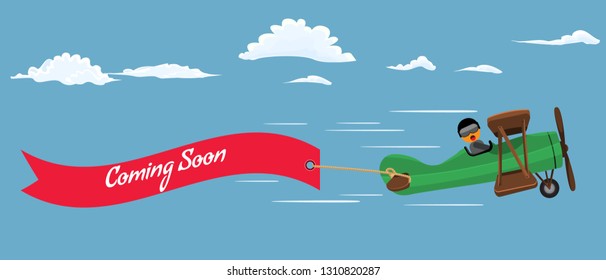 Retro style plane with red flying ribbon and text coming soon. Flat color style vector illustration.